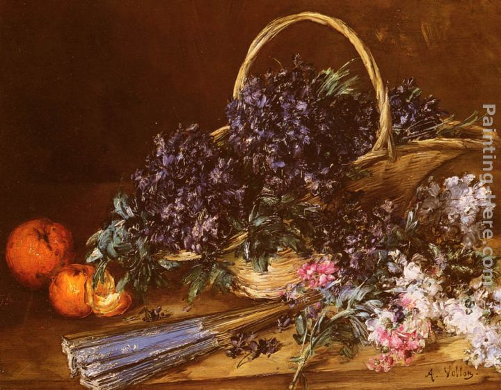 A Still Life with a Basket of Flowers, Oranges and a Fan on a Table painting - Antoine Vollon A Still Life with a Basket of Flowers, Oranges and a Fan on a Table art painting